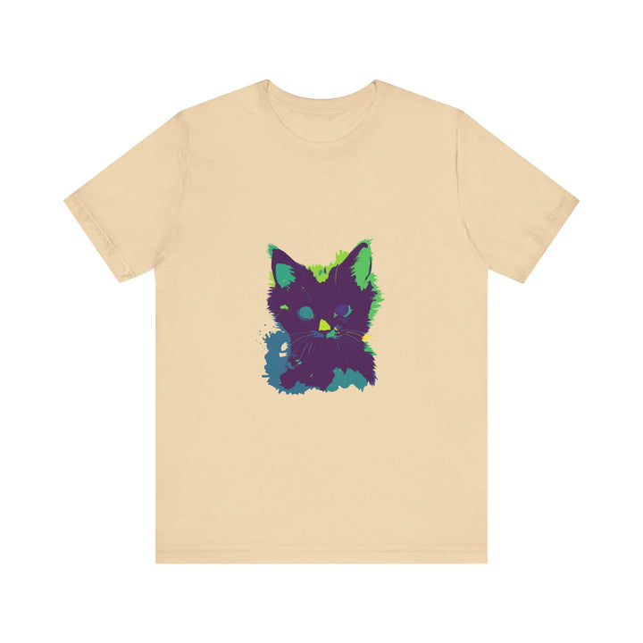 Neon Black Cat Mystery T-Shirt: A vibrant black T-shirt featuring a mysterious neon-colored black cat design