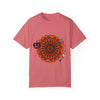 Handmade unisex Halloween mandala t-shirt with pumpkin art on garment-dyed tee