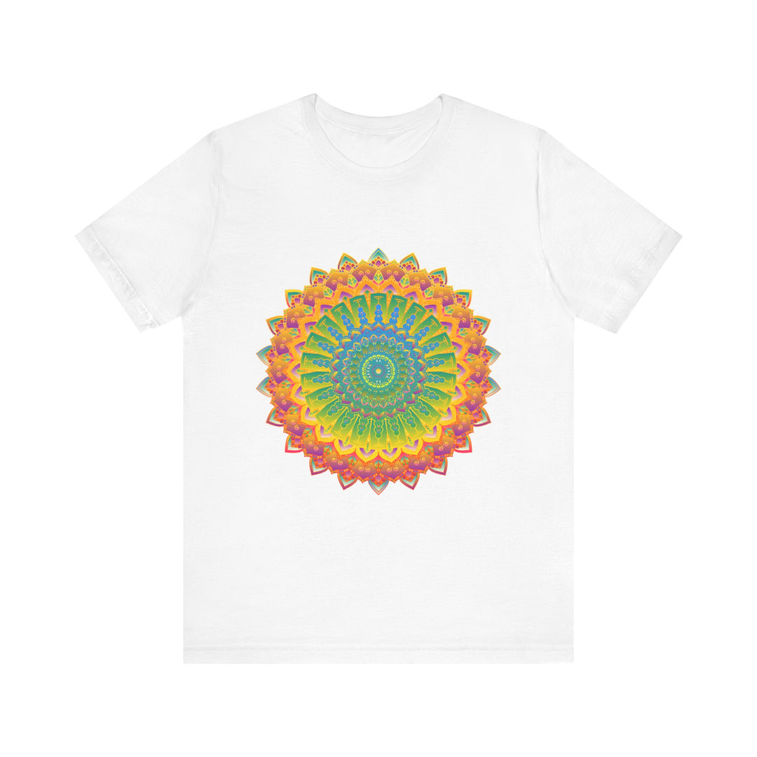 A close-up image of the vibrant mandala tee, showcasing the intricate and detailed art and design on the front of the shirt