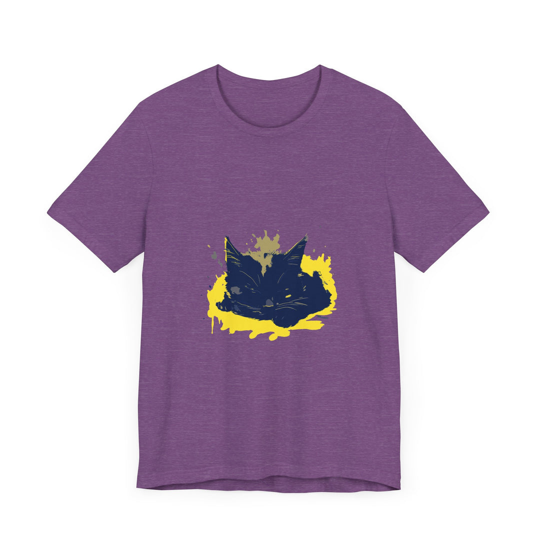 Black Cat Mystery - Street Art T-Shirt: A black t-shirt featuring a mysterious black cat street art design