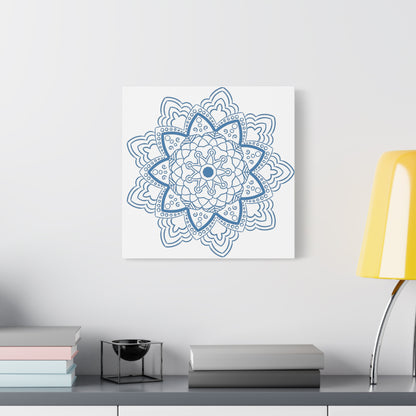 Handmade Mandala Art featuring a steel blue mandala design on matte canvas, stretched to 125 inches