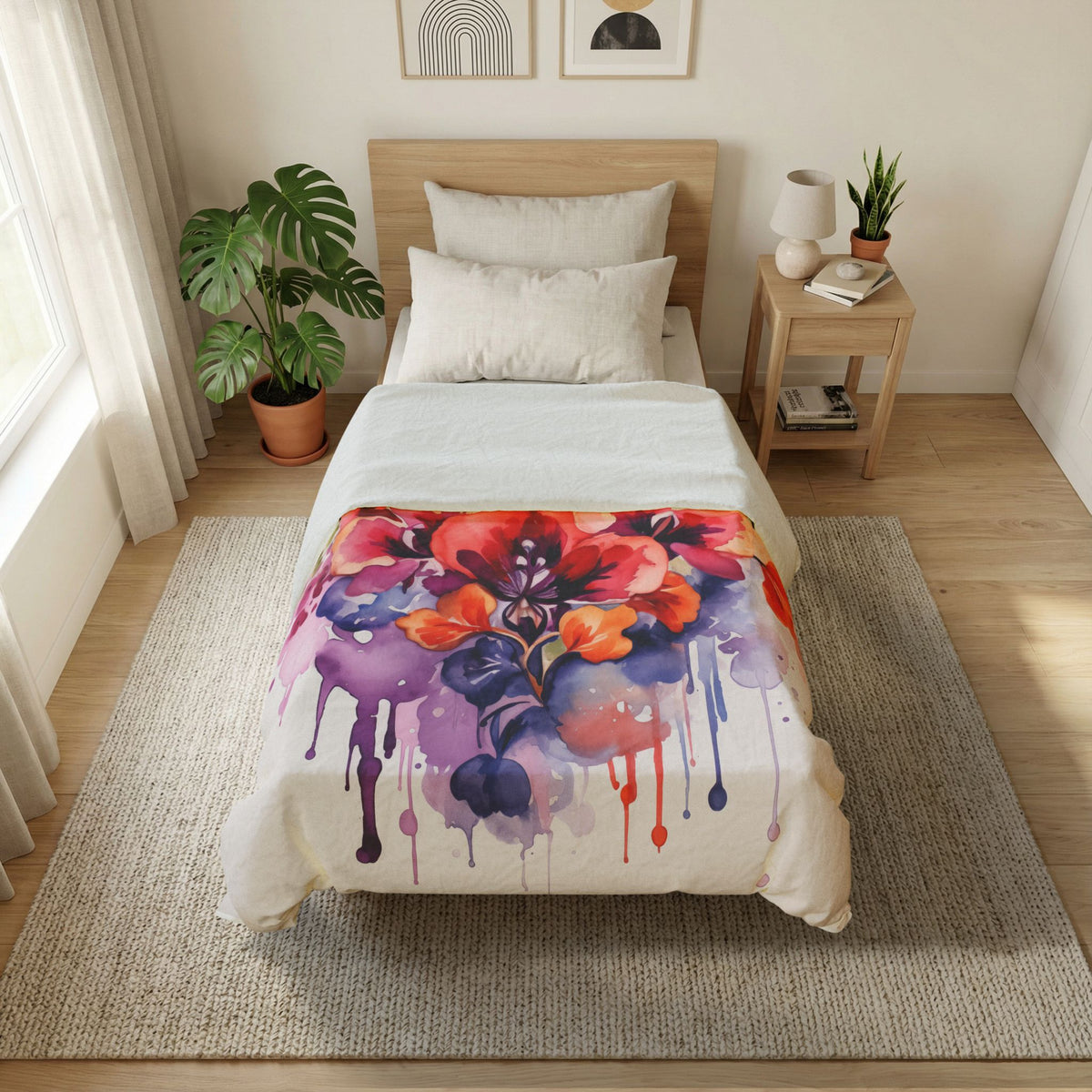 Watercolor Floral Duvet Cover – Vibrant Drip Bouquet Cotton Bedding