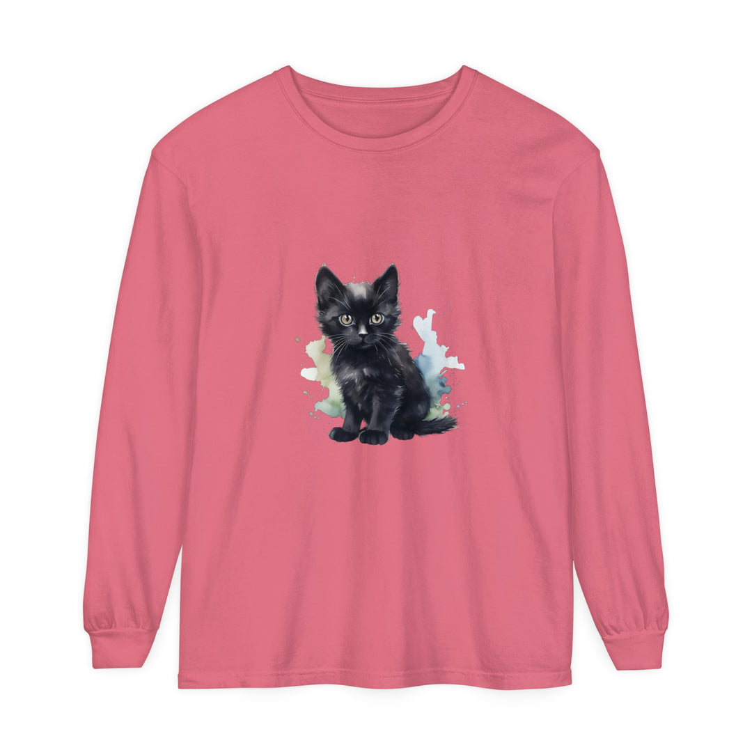 Black Kitten Watercolor Long Sleeve T-Shirt - Soft and comfortable cotton shirt featuring a beautiful watercolor design of a black kitten