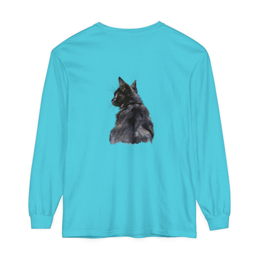 Black Cat Watercolor Long Sleeve T-Shirt featuring a stunning watercolor design of a black cat on a comfortable long sleeve shirt