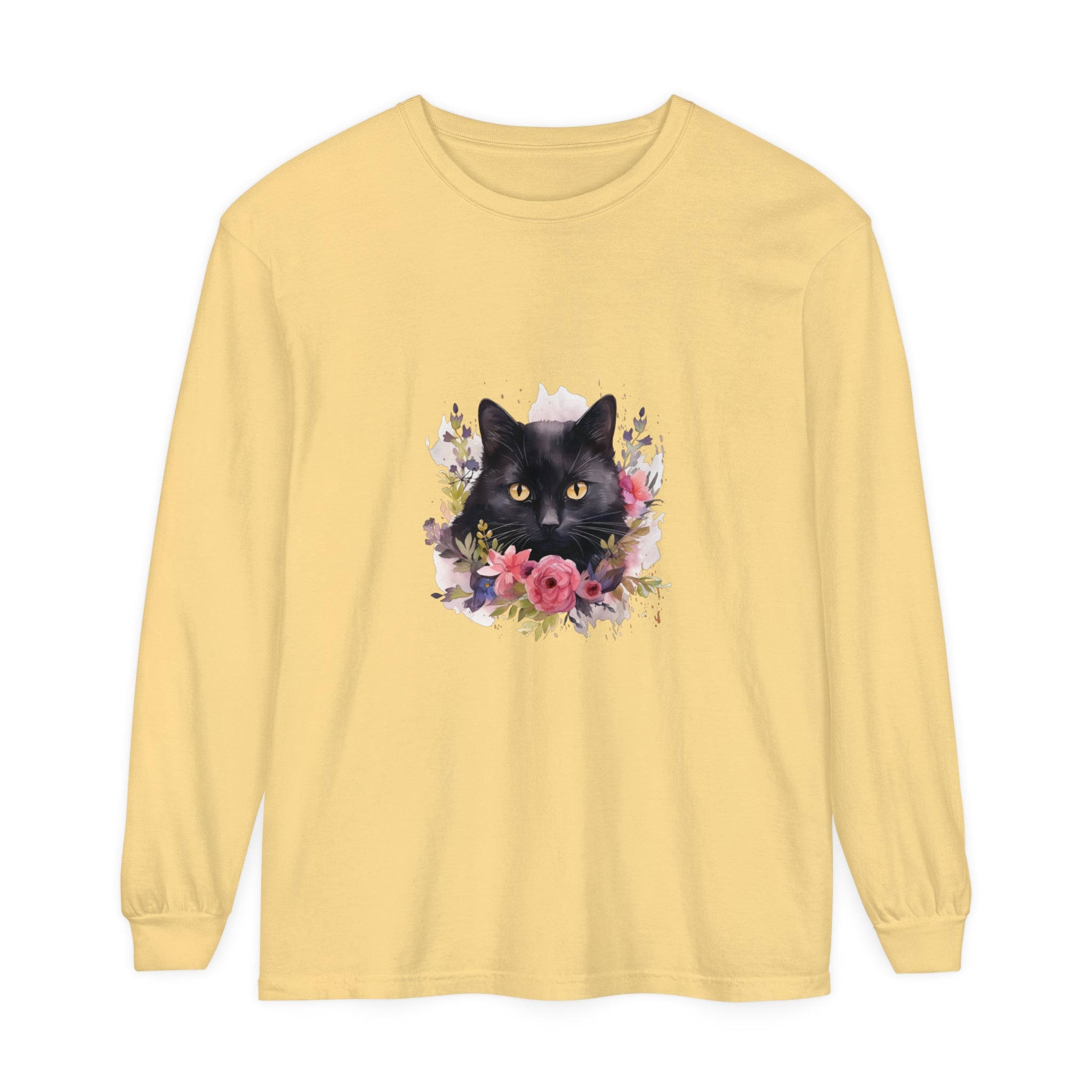 Black Cat Floral Watercolor Long Sleeve T-Shirt with vibrant hand-painted design