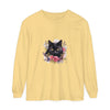 Black Cat Floral Watercolor Long Sleeve T-Shirt with vibrant hand-painted design