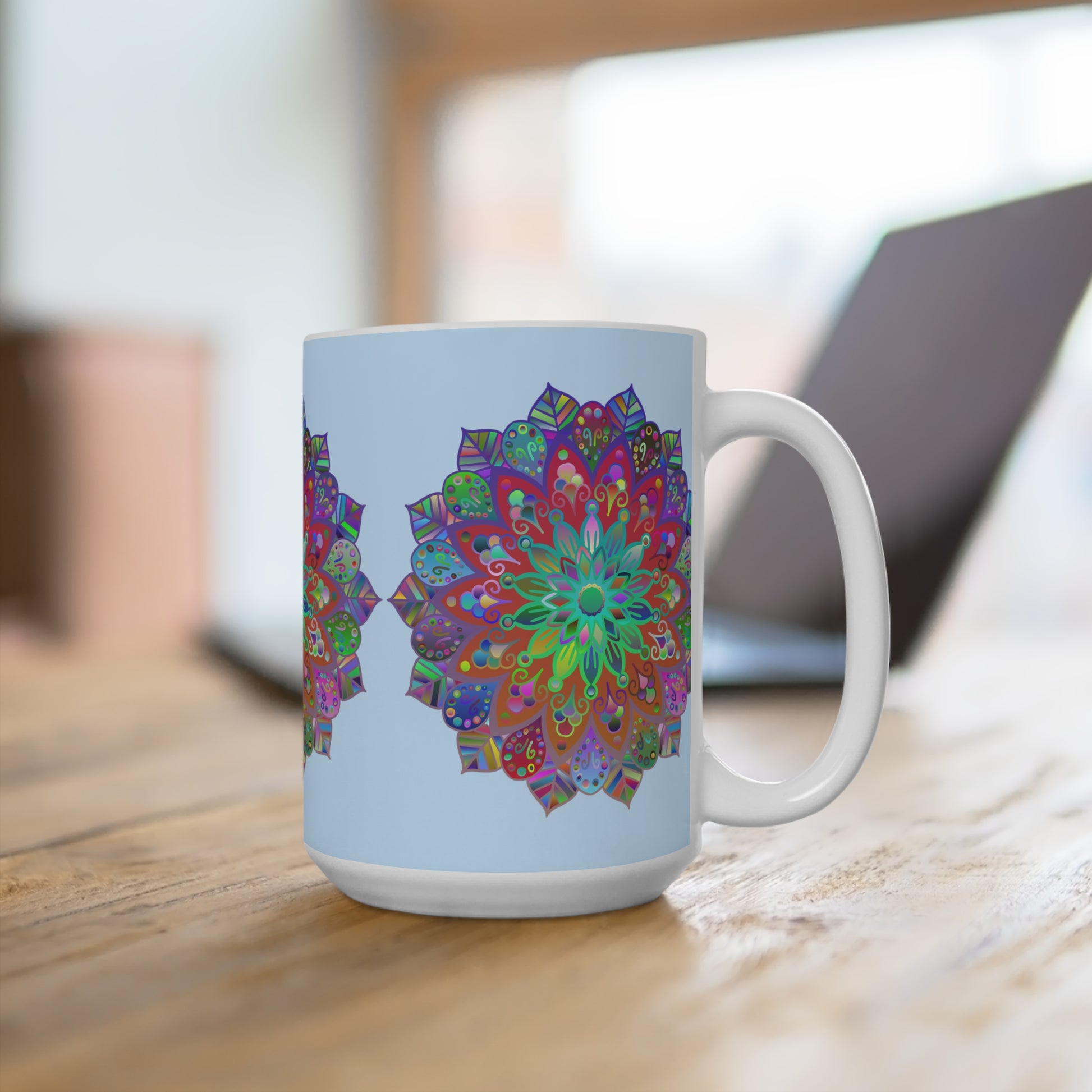 Beautifully designed 15oz ceramic mug featuring intricate mandala art, ideal for enjoying your favorite coffee or tea