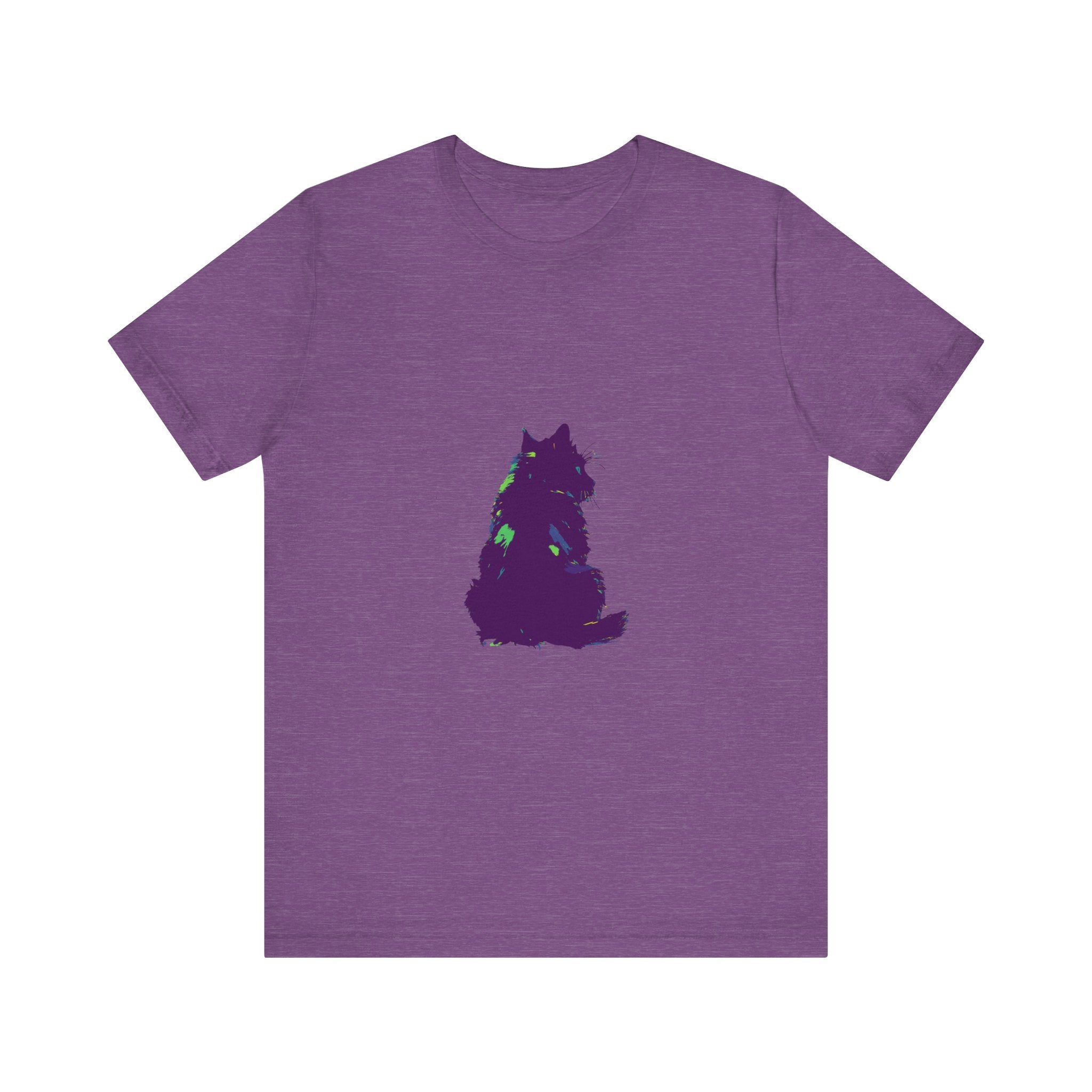 A vibrant and eye-catching t-shirt featuring a mysterious black cat silhouette