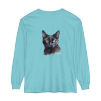 Black Cat Watercolor Mystical Long Sleeve T-Shirt featuring a striking watercolor illustration of a black cat against a mystical backdrop