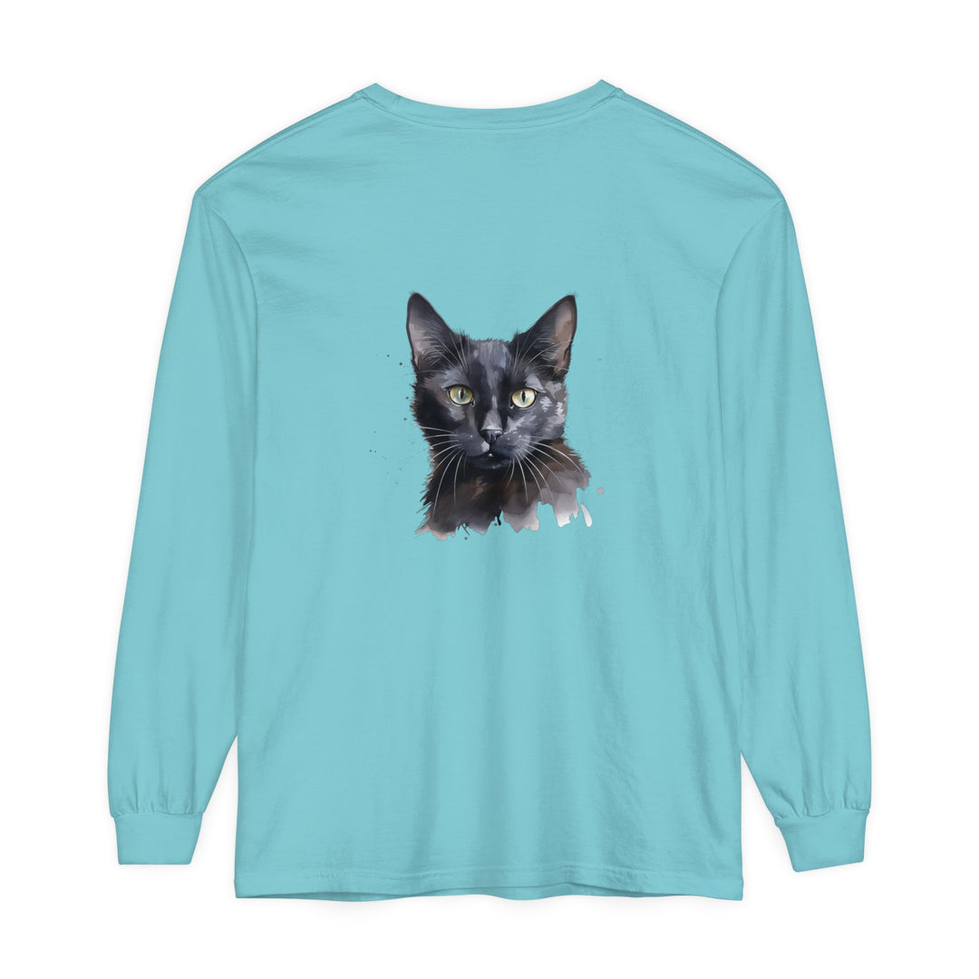 Black Cat Watercolor Mystical Long Sleeve T-Shirt featuring a striking watercolor illustration of a black cat against a mystical backdrop