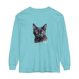 Black Cat Watercolor Mystical Long Sleeve T-Shirt featuring a striking watercolor illustration of a black cat against a mystical backdrop