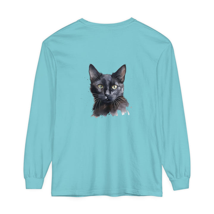 Black Cat Watercolor Mystical Long Sleeve T-Shirt featuring a striking watercolor illustration of a black cat against a mystical backdrop