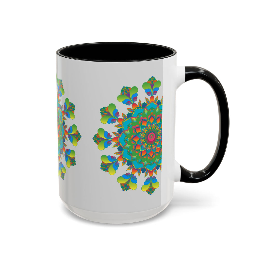 Mandala Art Mug featuring intricate and vibrant designs on a grey background