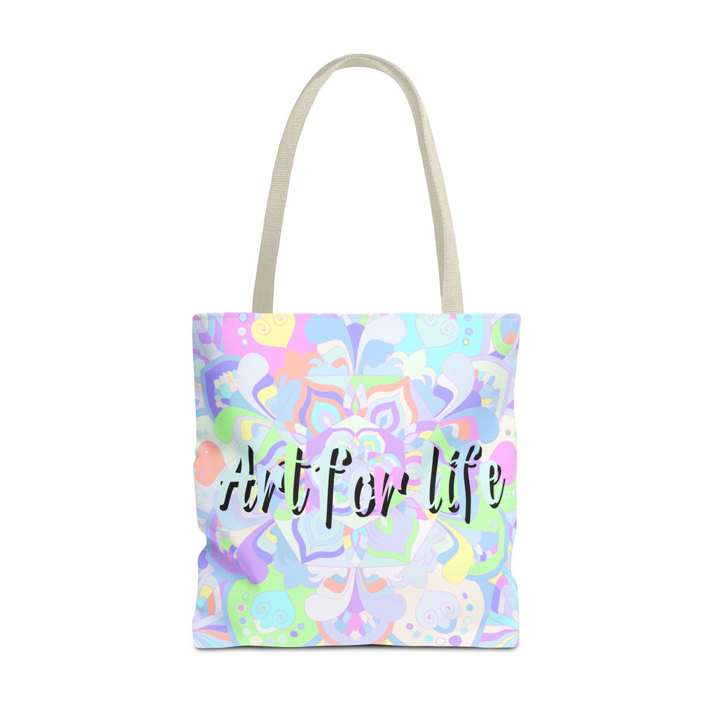 Colorful mandala tote bag with intricate design and inspirational 'Art for Life' quote, perfect for carrying your essentials in style