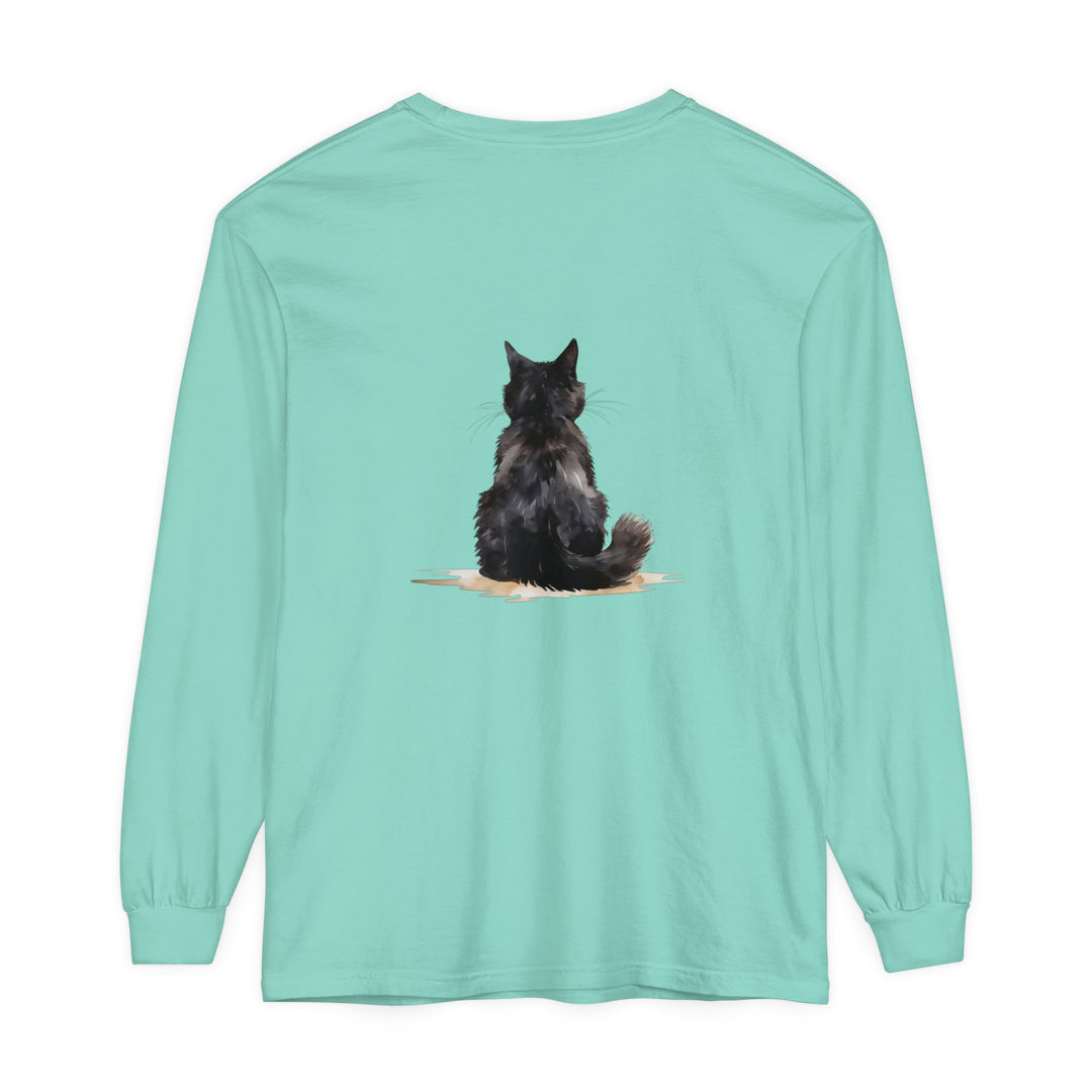  Long Sleeve T-Shirt featuring a Unique Watercolor Black Cat Design