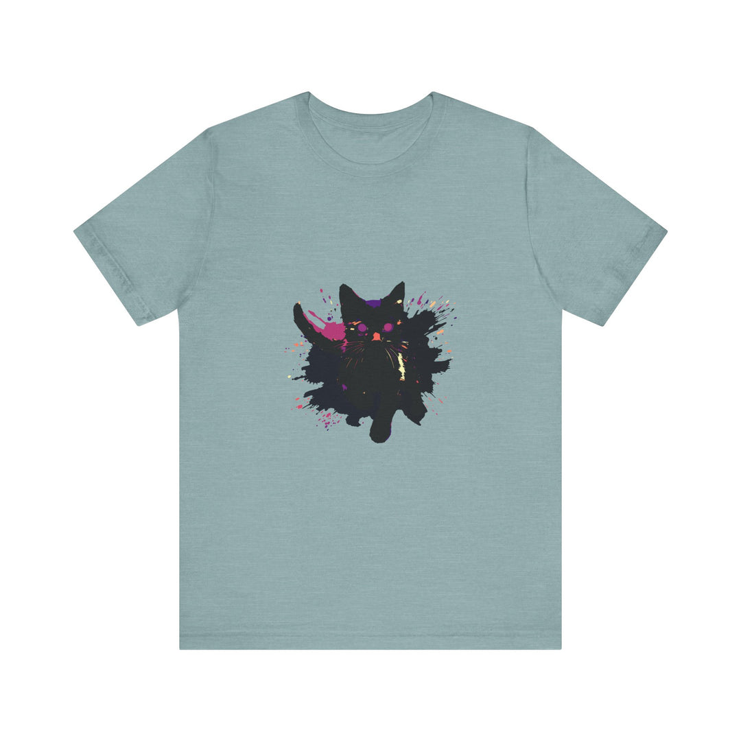 Unisex black t-shirt featuring a vibrant, bold, and colorful mystery-themed design of a black cat against a moonlit backdrop