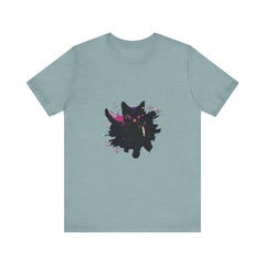 Unisex black t-shirt featuring a vibrant, bold, and colorful mystery-themed design of a black cat against a moonlit backdrop