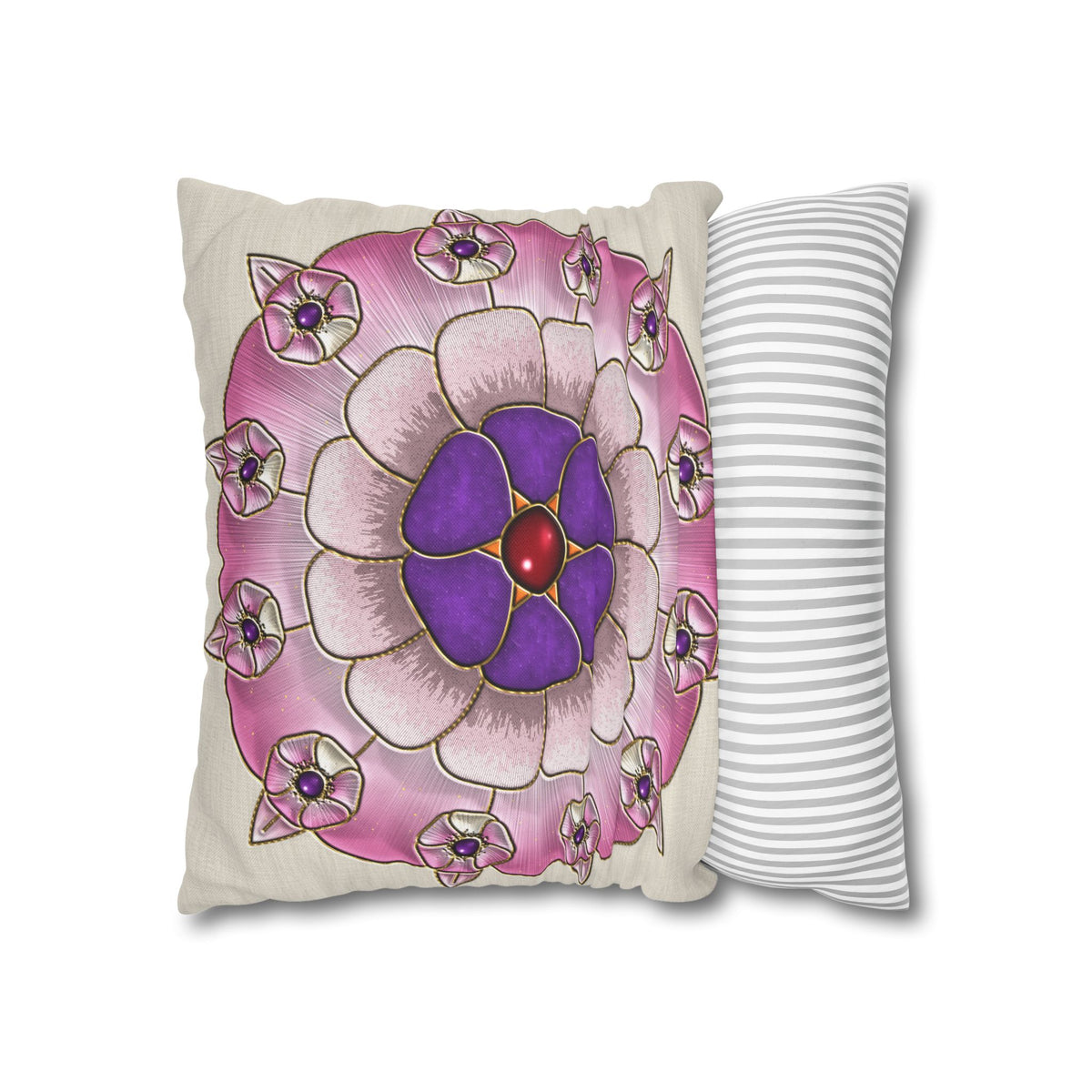 Federa quadrata con motivo a mandala floreale rosa e viola