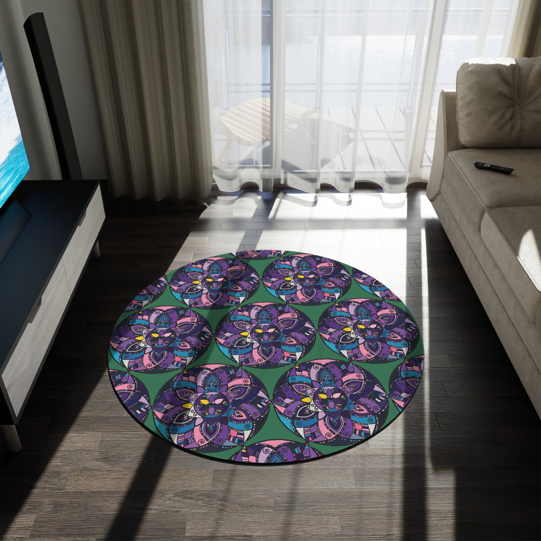 Boho Mandala Round Rug — Purple Teal Floral Decorative Floor Mat