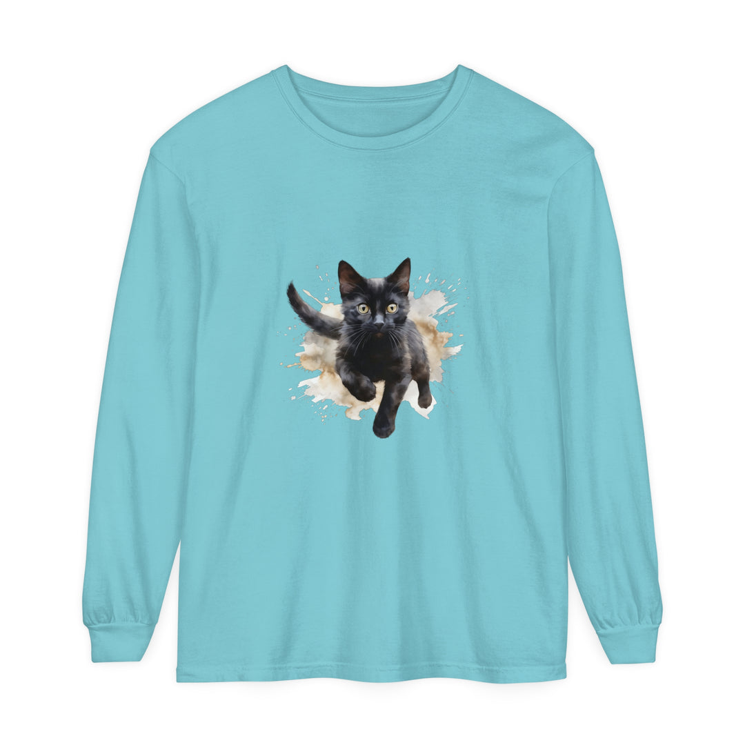 Black Cat Watercolor Splash T-Shirt featuring a playful feline design