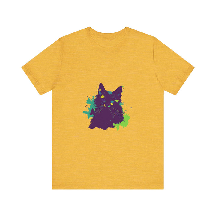 Vibrant purple t-shirt with abstract cat design, perfect for those who love mystery and feline-inspired fashion