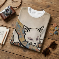 T-shirt in dark, muted tones featuring the Introvert Mosaic Cat design rendered in tessellated tiles; shown in a lifestyle studio with a relaxed, cozy vibe.