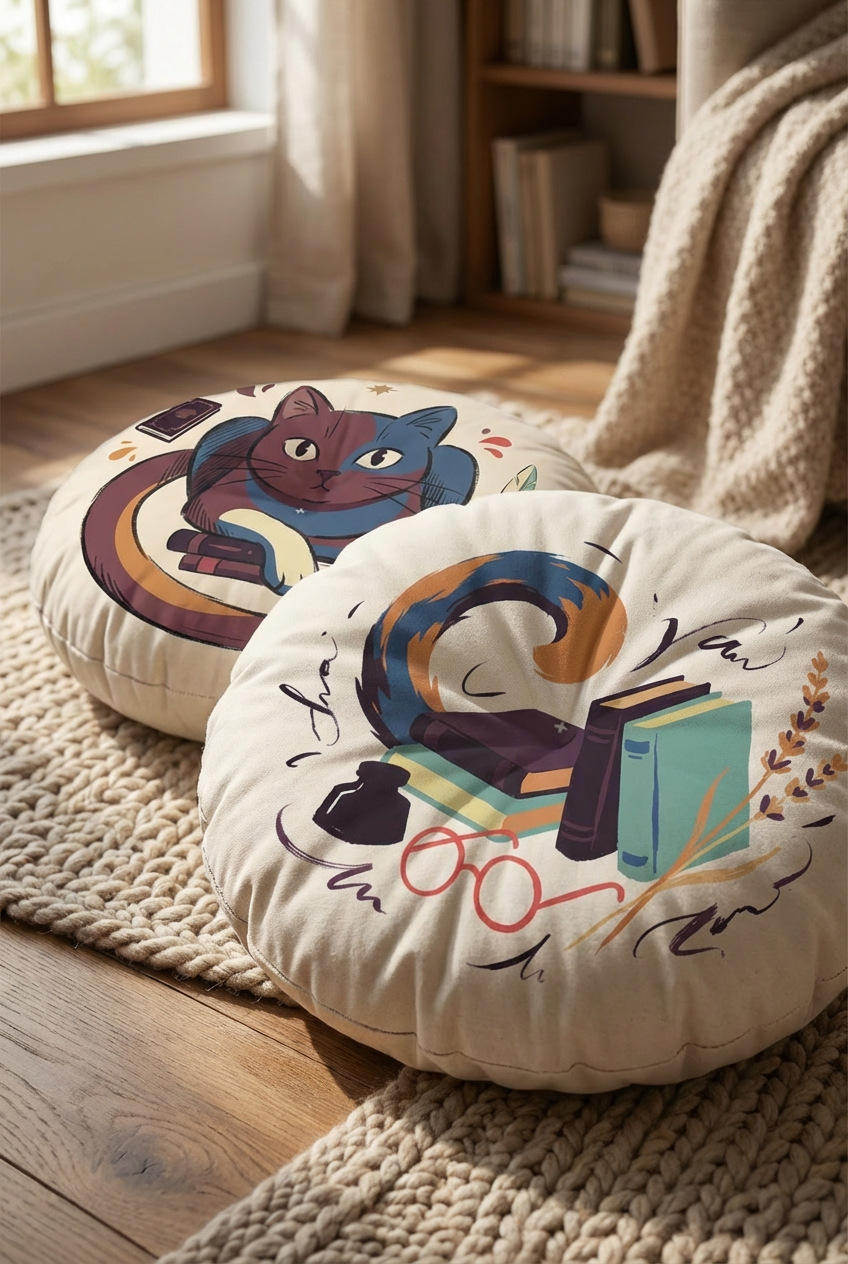 Dark Academia cat floor pillow, round tufted cushion in deep plum setting, close-up of the cat design with a cozy study vibe; lifestyle shot emphasizing warmth and quiet study moments