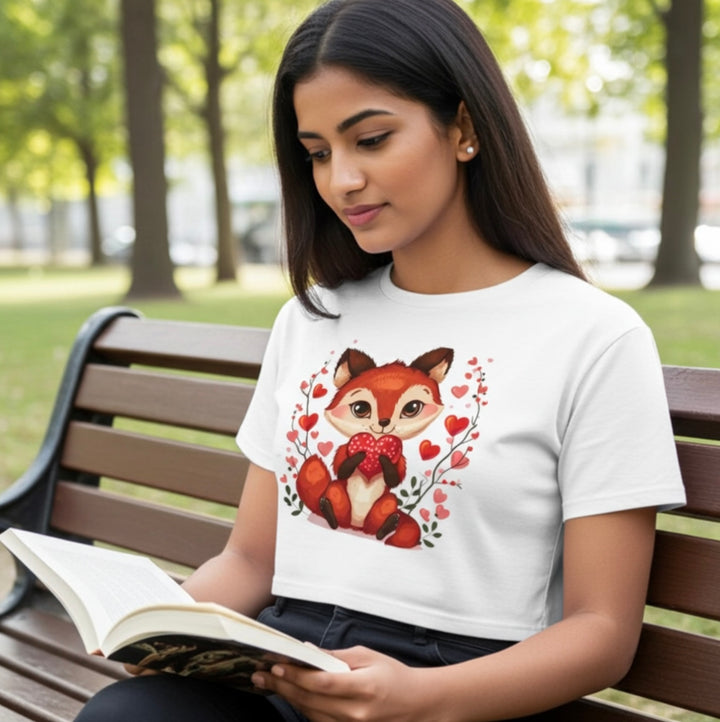 Cute Fox Heart Crop Top – White Cotton Graphic Tee