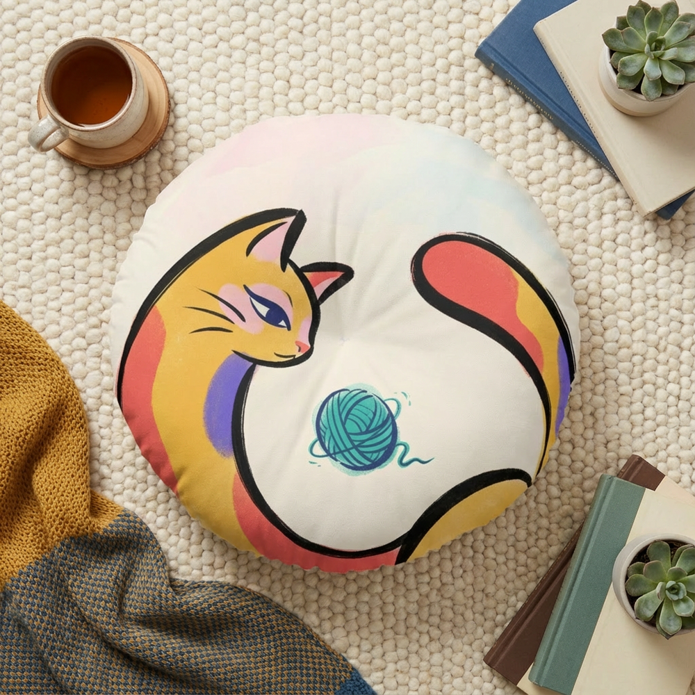 Surreal crescent cat on a round tufted floor pillow in dominant yellow-orange (#FFCC4D) with bright accent colors; lifestyle shot in a cozy reading nook, showing a playful, cozy design suitable for home decor.