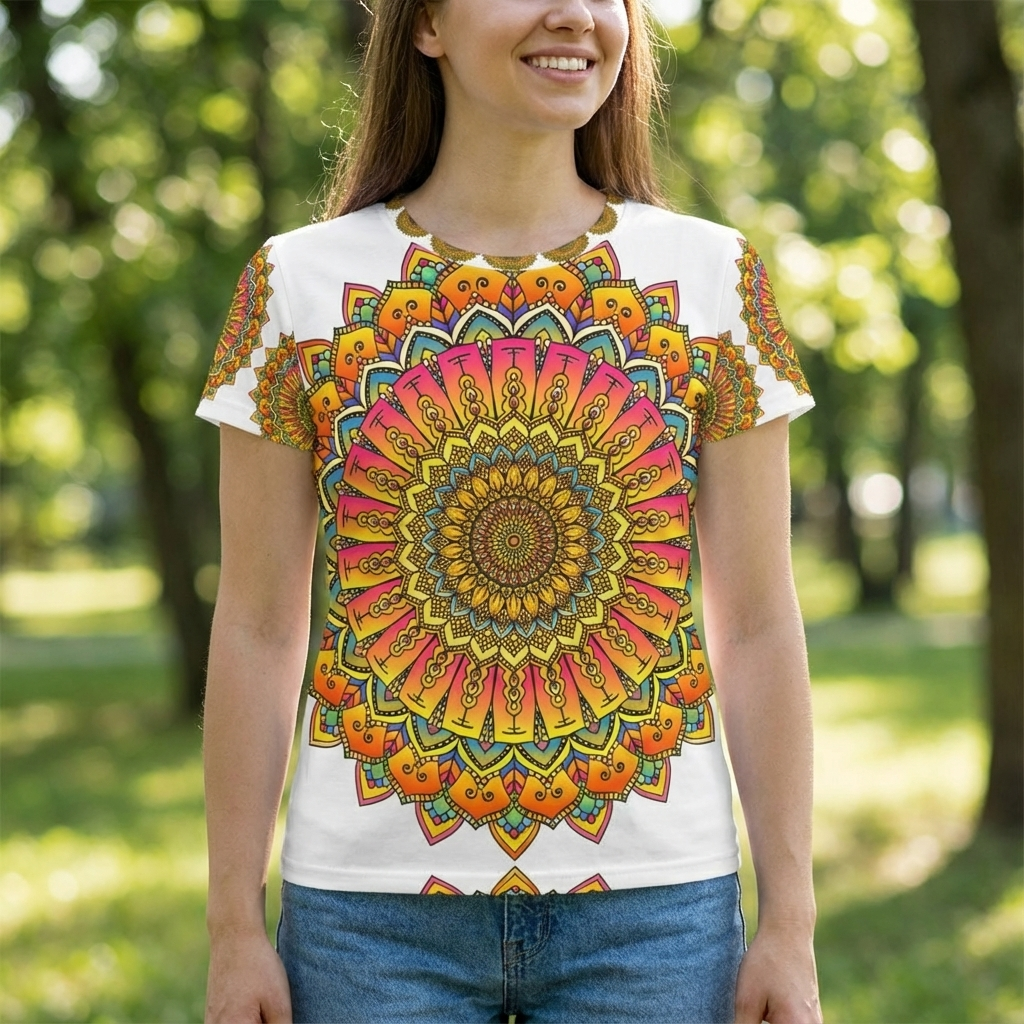 Lifestyle photo of a woman wearing a warm sunset hues mandala t-shirt, outdoors, casual and relaxed, close-up on the vibrant mandala print and comfortable fit