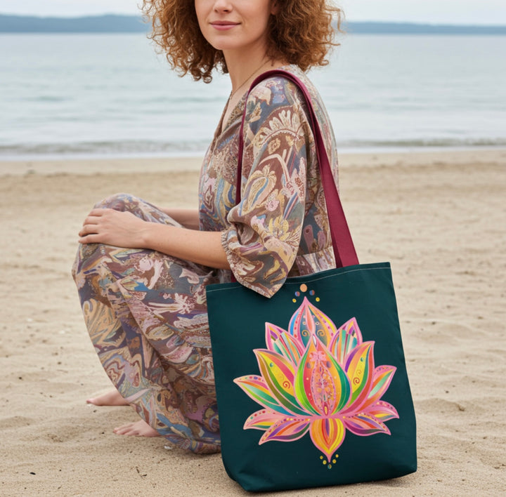 Lotus Blossom Energy Tote – Deep Green Canvas with Artistic Print