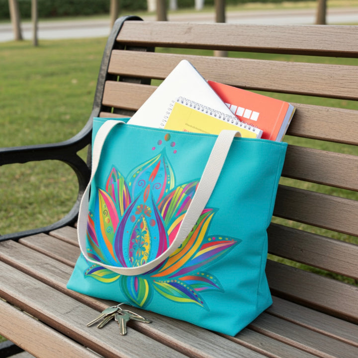 Sky Lotus Tote Bag - Azure Blue Floral Shoulder Bag for Women