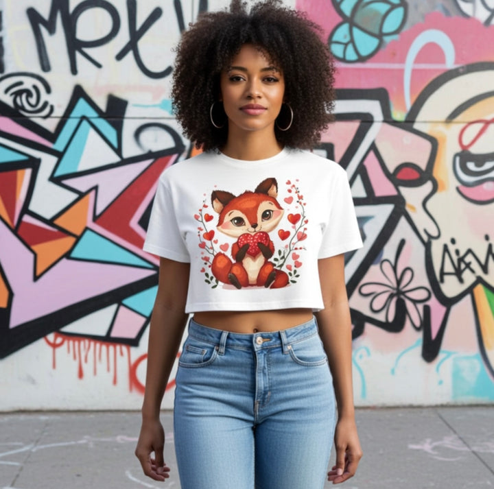 Cute Fox Heart Crop Top – White Cotton Graphic Tee