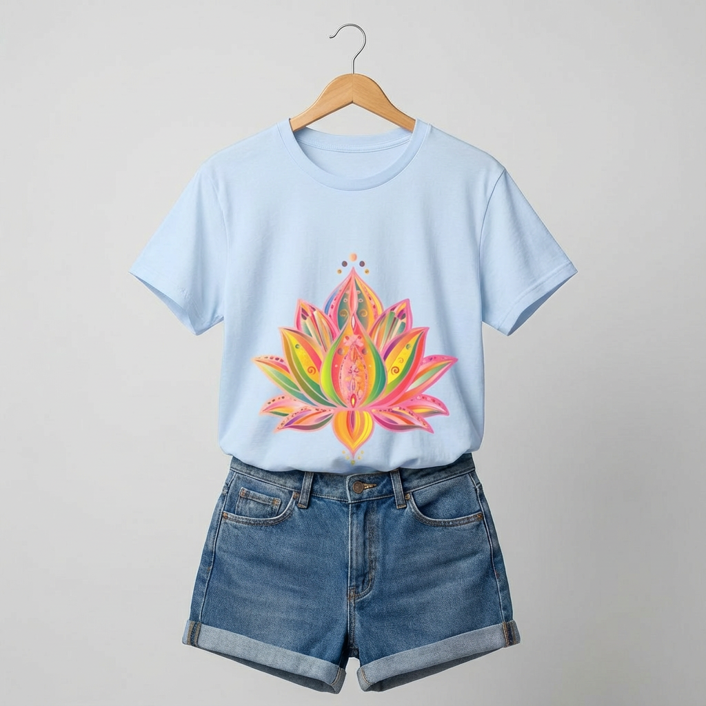 Lifestyle flatlay of a lotus mandala t-shirt on a wooden hanger with denim shorts underneath, front view, vibrant colors on a clean mock-up backdrop