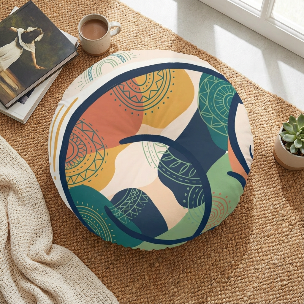 Round cat floor pillow in warm orange-beige hues (#F59E6B) with boho line-art design; cozy, purring motif; lifestyle setting showing a comfy corner for reading or tea. Product is a tufted cushion with vibrant colors and hand-drawn contours.
