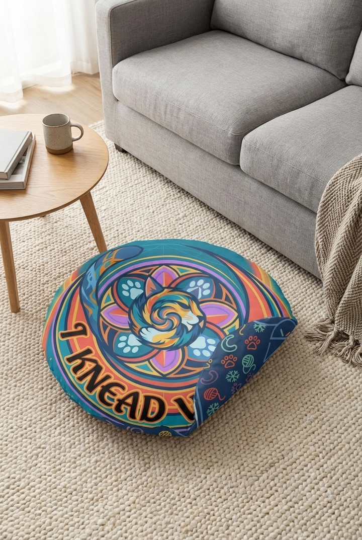 Lifestyle shot of a round floor pillow with a blue-dominant winter sacred-geometry cat design, featuring a curled cat motif, geometric rings, and vibrant colors in a cozy living room setting.