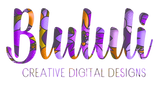 Colorful logo with 'Blululì’ text in colorful patterned green-blue-purple texture