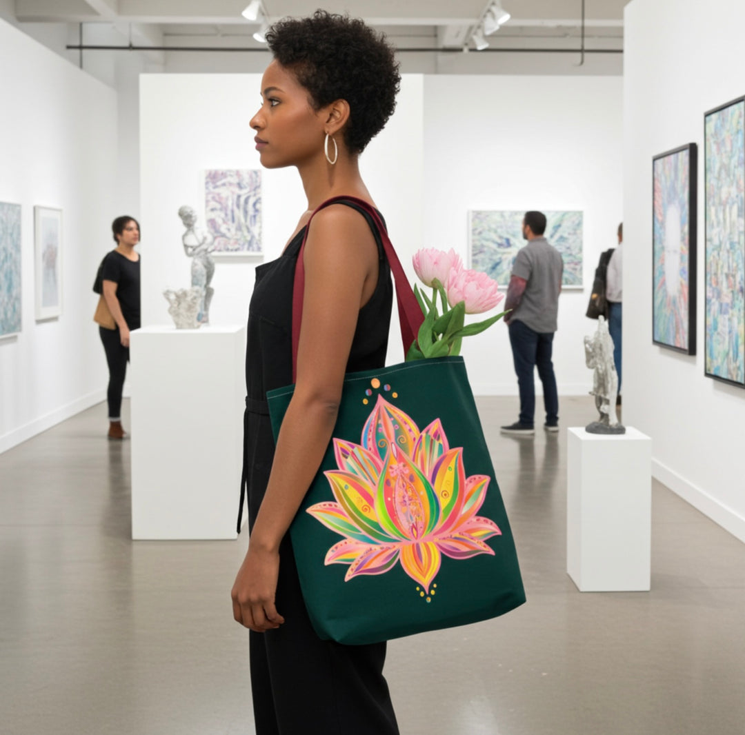 Lotus Blossom Energy Tote – Deep Green Canvas with Artistic Print