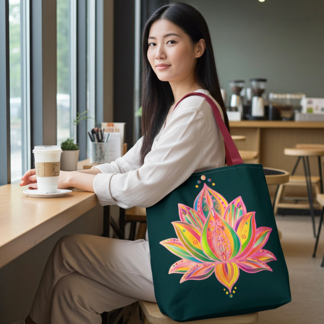 Lotus Blossom Energy Tote – Deep Green Canvas with Artistic Print
