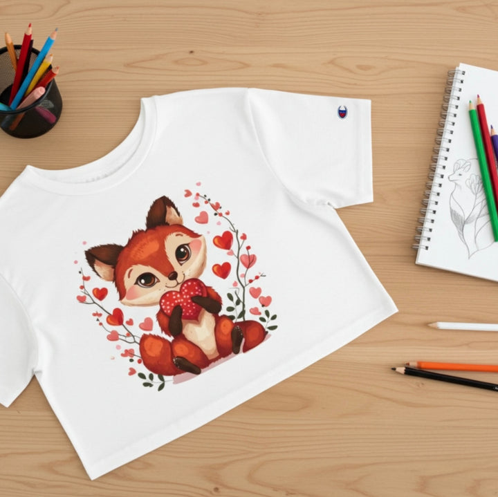 Cute Fox Heart Crop Top – White Cotton Graphic Tee