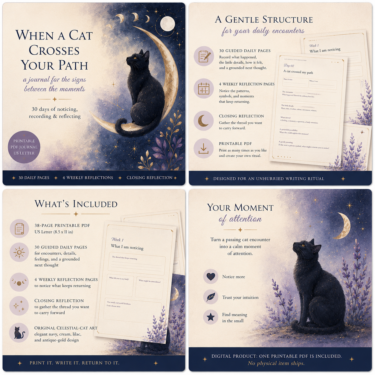 A four-panel product graphic showing a journaling and writing ritual kit titled "When a Cat Crosses Your Path." The panels display the front cover of a journal, included printable pages and worksheets, and a quote card, all in a coordinated lavender, cream, and dark navy design with a cat silhouette and moon illustration.