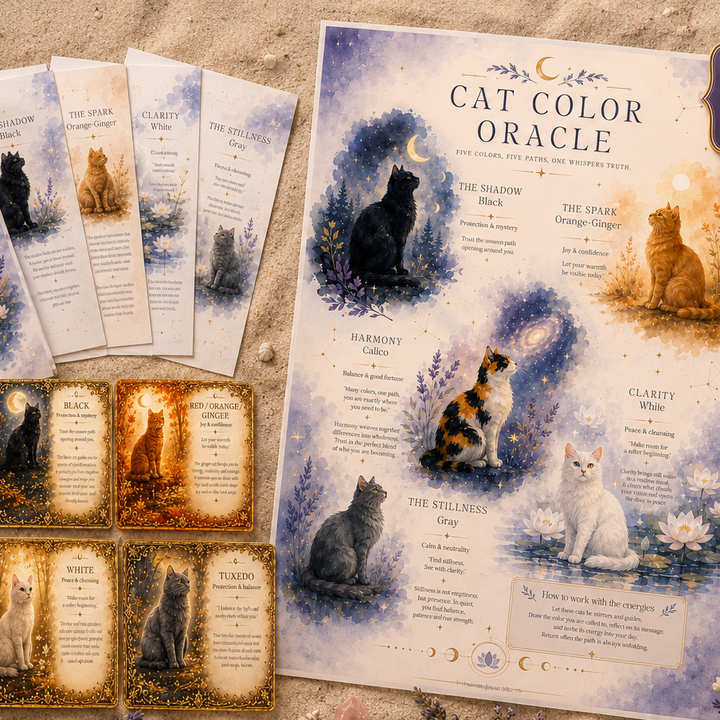A styled flat-lay of a Cat Color Oracle card deck and oracle card set on a beige fabric background with lavender, crystals, and a candle. The main printed sheet shows watercolor-style cat illustrations in blue, purple, cream, and gold tones, with smaller matching cards and boxes arranged around it.