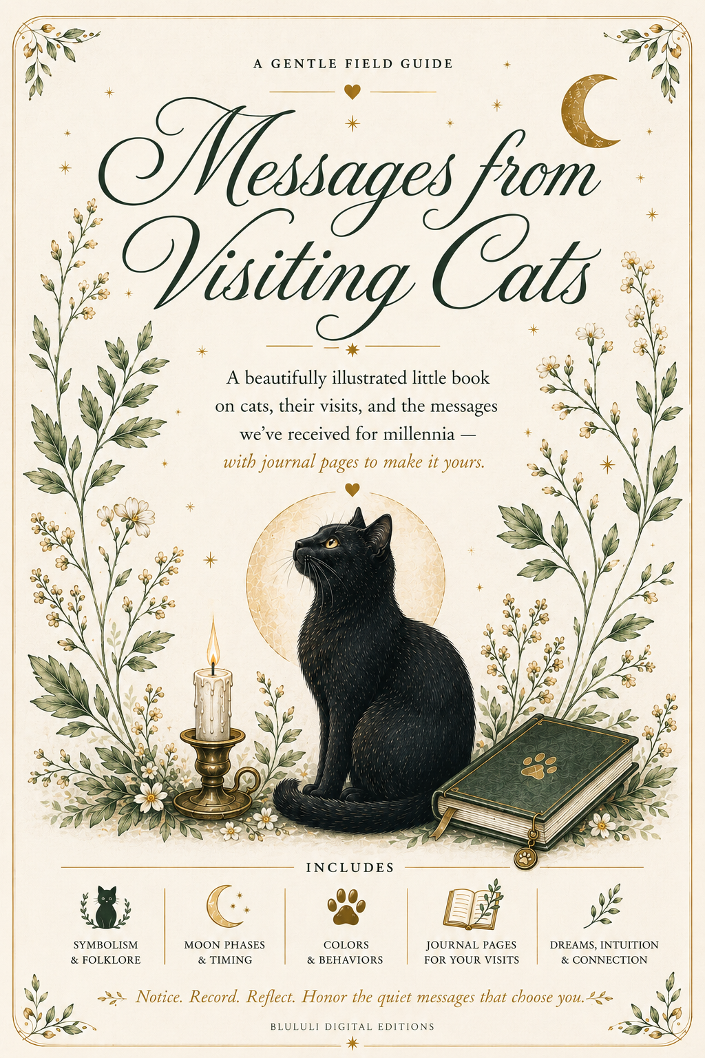 Front cover of the book 'Messages from Visiting Cats' by Bellaus Digital Editions, featuring an illustration of a black cat, a candle, and an open book on an aged cream background with botanical borders.