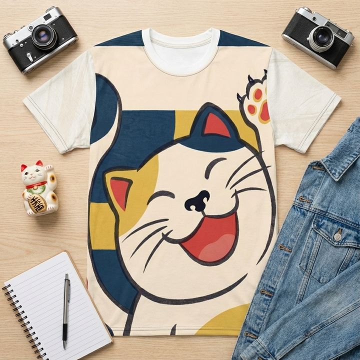 Blue t-shirt with a laughing cat Ukiyo-e line charm; lifestyle studio shot showing playful mischief and everyday relatability in flatlay and close-up views, highlighting the bold black line art and warm color accents.