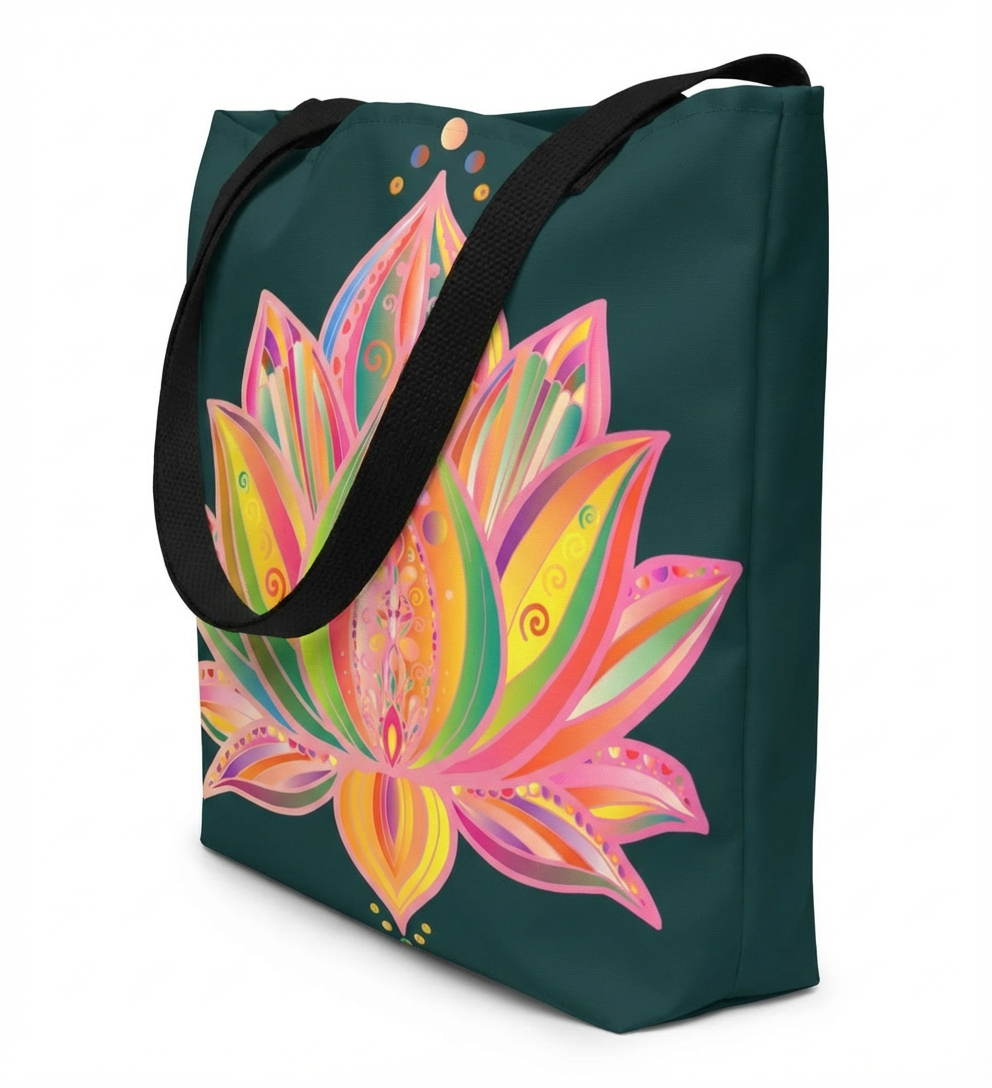 Lotus Blossom Energy Tote – Deep Green Canvas with Artistic Print