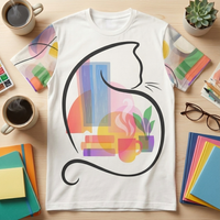 Peach-pink t-shirt featuring Introvert Cat Daydream design with double-exposure cat silhouette, cozy interior scene (rain at the window, books, steaming cup, plant), photographed in a lifestyle studio, close-up showing fabric texture and print