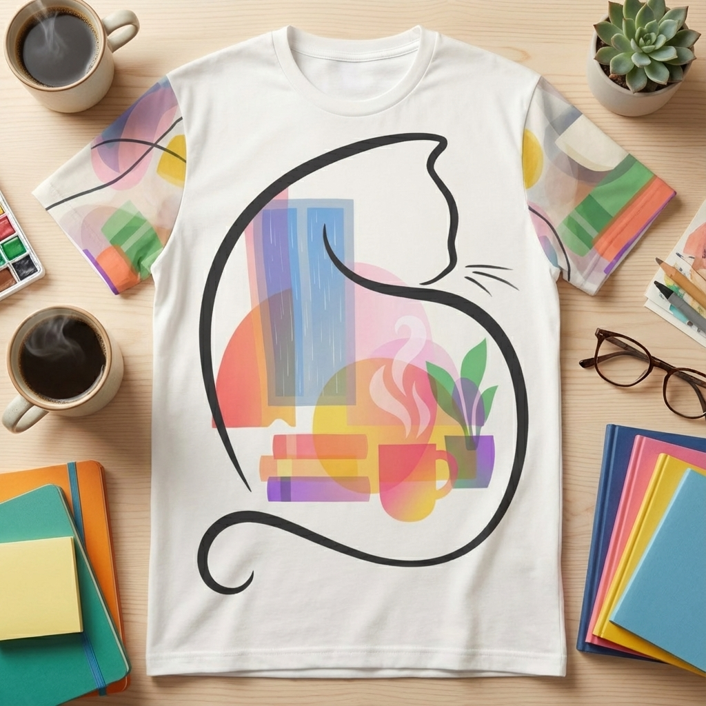 Peach-pink t-shirt featuring Introvert Cat Daydream design with double-exposure cat silhouette, cozy interior scene (rain at the window, books, steaming cup, plant), photographed in a lifestyle studio, close-up showing fabric texture and print