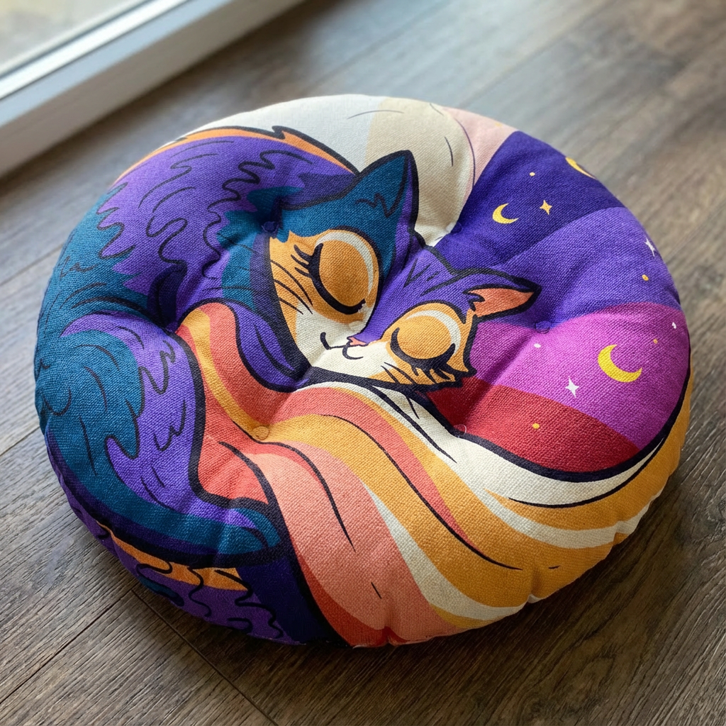 Blue round tufted floor pillow with Surreal Cozy Cat Comfort design; lifestyle scene showing a cozy corner with the cat-inspired pillow as a soft, decorative accent.
