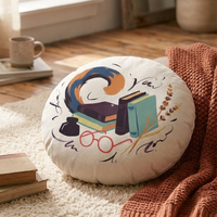 Dark Academia cat floor pillow in deep plum and warm accent colors, round tufted cushion with a cozy study vibe; lifestyle setting showing a comfortable reading nook with the cat design as a centerpiece (lifestyle image, close-up on fabric and texture)