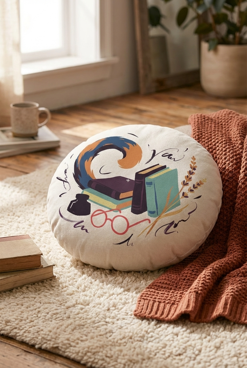 Dark Academia cat floor pillow in deep plum and warm accent colors, round tufted cushion with a cozy study vibe; lifestyle setting showing a comfortable reading nook with the cat design as a centerpiece (lifestyle image, close-up on fabric and texture)